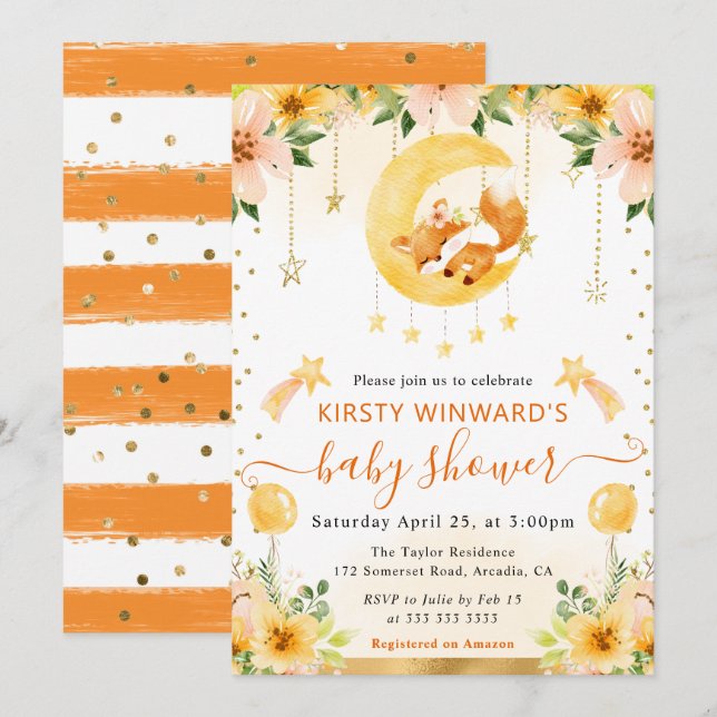 Vattenfärg Cute Blommigt Fox på Måne Baby Shower Inbjudningar (Fram/baksida)