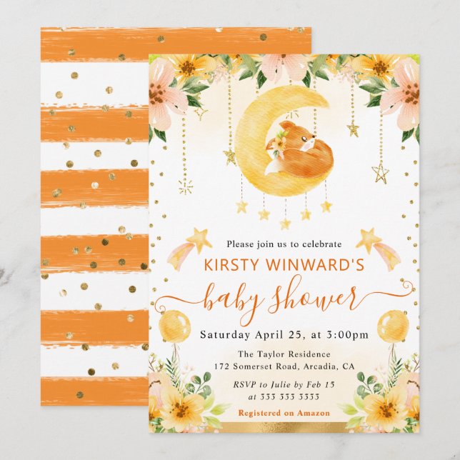 Vattenfärg Cute Blommigt Fox på Måne Baby Shower Inbjudningar (Fram/baksida)