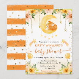 Vattenfärg Cute Blommigt Fox på Måne Baby Shower Inbjudningar