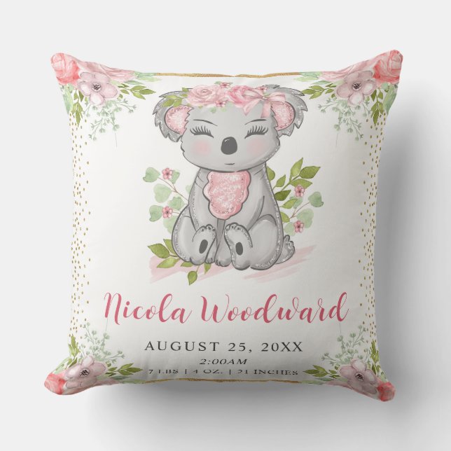 Vattenfärg Cute Blommigt Koala Baby Birdats Stats Kudde (Framsida)