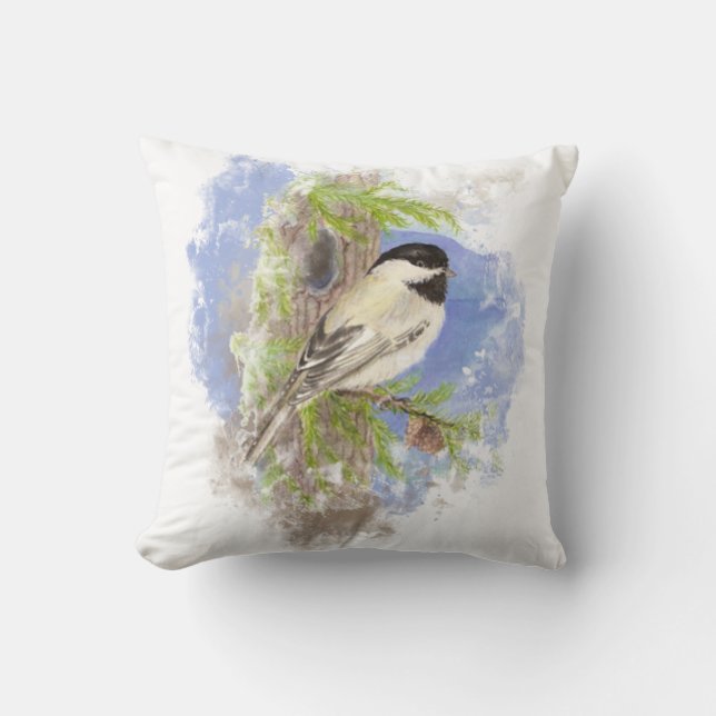Vattenfärg Cute Chickadee Bird Nature Art Kudde (Framsida)