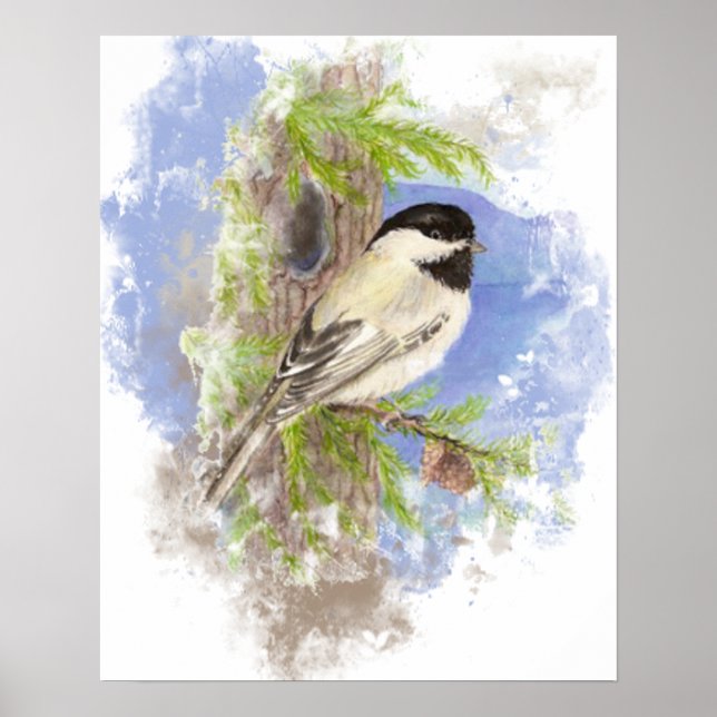 Vattenfärg Cute Chickadee Bird Nature Art Poster (Framsidan)