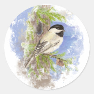 Vattenfärg Cute Chickadee Bird Nature Art Runt Klistermärke