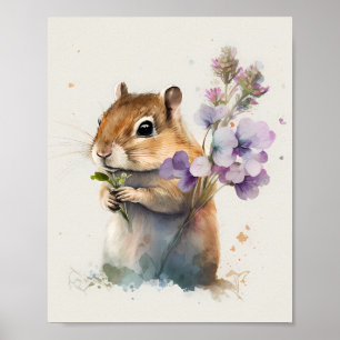 Vattenfärg Cute Chipmunk med blommor Poster
