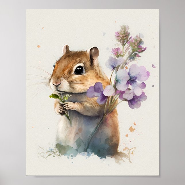 Vattenfärg Cute Chipmunk med blommor Poster (Framsidan)