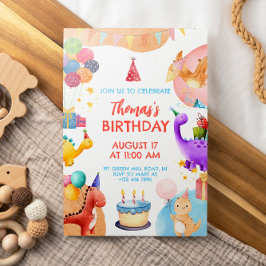 Vattenfärg Cute Dinosaur Birthday Inbjudningar