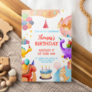Vattenfärg Cute Dinosaur Birthday Inbjudningar