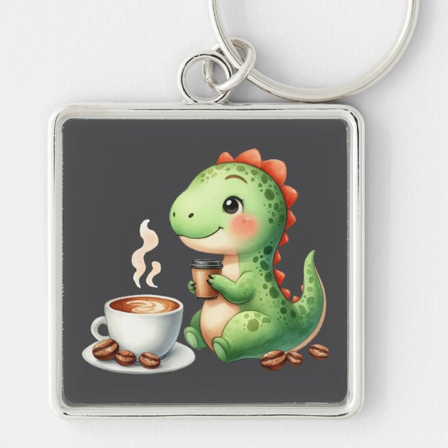 vattenfärg Cute Dinosaur Premium Square stor Fyrkantig Silverfärgad Nyckelring (Framsidan)