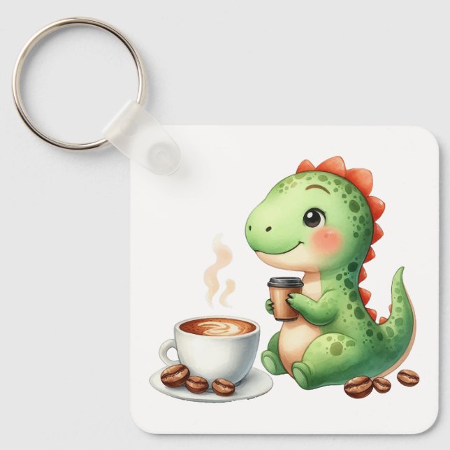 vattenfärg Cute Dinosaur T Rex dricker kaffe Nyckelring (Framsida)