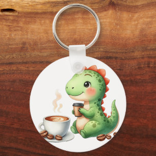 vattenfärg Cute Dinosaur T Rex dricker kaffe Nyckelring