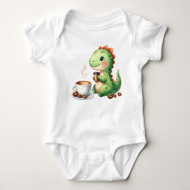 vattenfärg Cute Dinosaur T Rex dricker kaffe Shirt (Framsida)