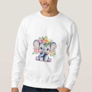 Vattenfärg Cute Elephant med blommor Lång Ärmad Tröja
