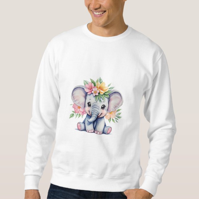 Vattenfärg Cute Elephant med blommor Lång Ärmad Tröja (Framsida)