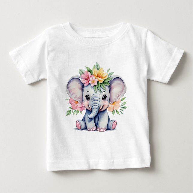 Vattenfärg Cute Elephant med blommor T Shirt (Framsida)