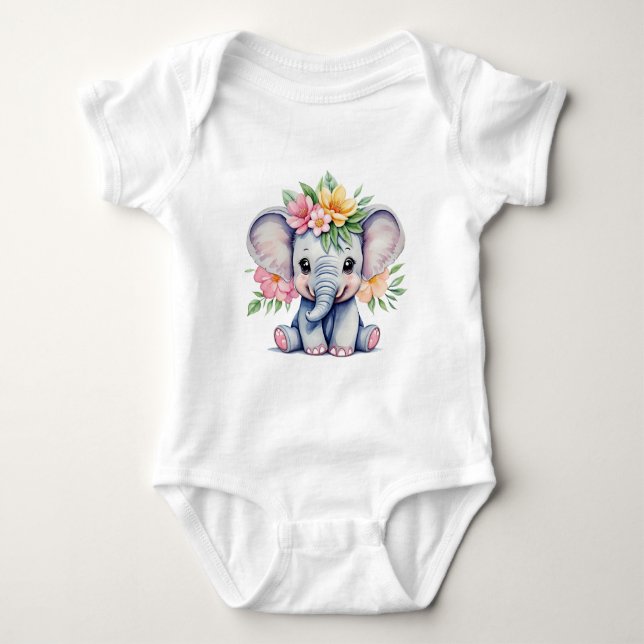 Vattenfärg Cute Elephant med blommor T Shirt (Framsida)