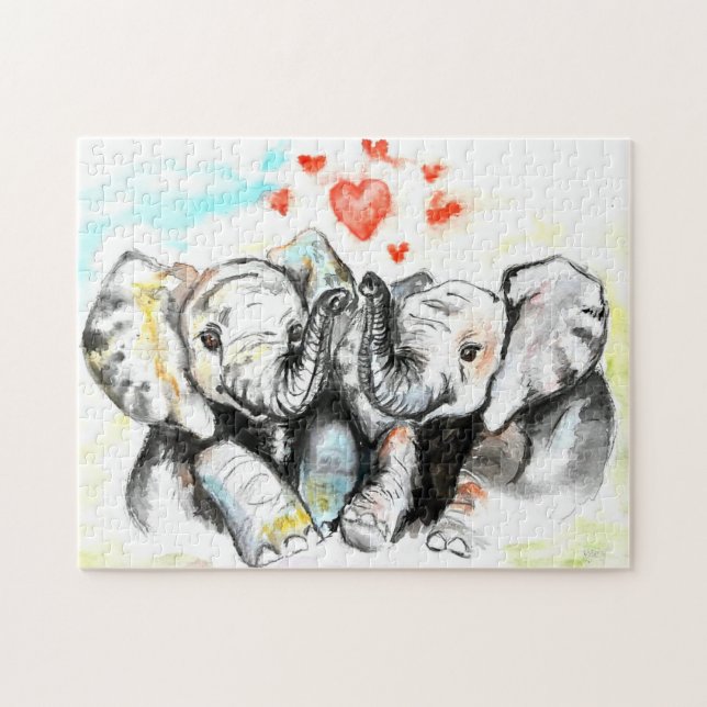 Vattenfärg - Cute Elephants - Romantic Hearts Pussel (Horisontell)