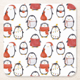 Vattenfärg Cute Festive Penguins Mönster jul Underlägg Papper Kvadrat
