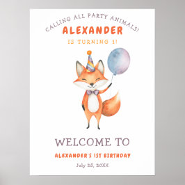 Vattenfärg Cute Fox 1:a födelsedag Poster