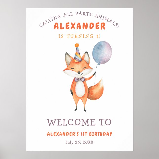 Vattenfärg Cute Fox 1:a födelsedag Poster (Framsidan)