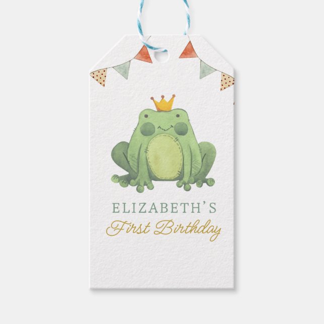 Vattenfärg Cute Frog Första födelsedag Presentetikett (Framsidan)