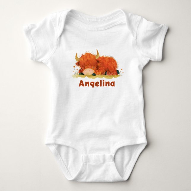Vattenfärg Cute Highland Cow med Namn Western T Shirt (Framsida)