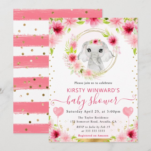 Vattenfärg Cute Jungle Elephant Baby Shower Inbjudningar (Fram/baksida)