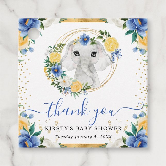 Vattenfärg Cute Jungle Elephant Blommigt Baby Show Gåvor Etiketter (Framsida)