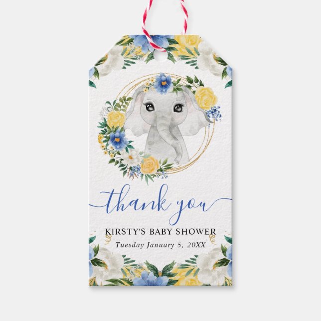 Vattenfärg Cute Jungle Elephant Blommigt Baby Show Presentetikett (Framsidan)