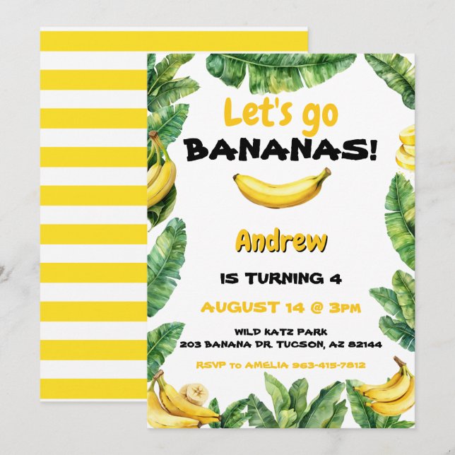 Vattenfärg Cute Låt oss Gå Bananas födelsedag Inbjudningar (Fram/baksida)