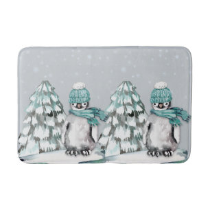 Vattenfärg Cute Penguin Gräs Träd jul Badrumsmatta