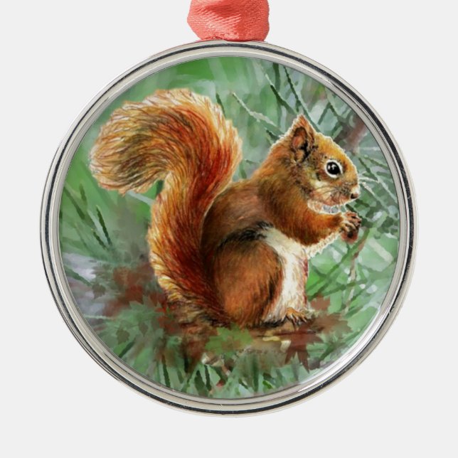Vattenfärg Cute Red Squirrel Animal Natature Art Julgransprydnad Metall (Framsidan)