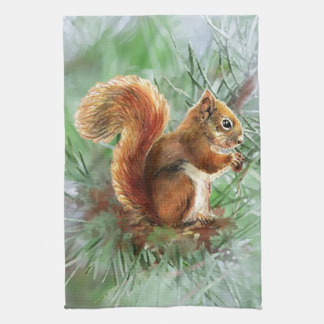 Vattenfärg Cute Red Squirrel Animal Natature Art Kökshandduk (Vertikal)