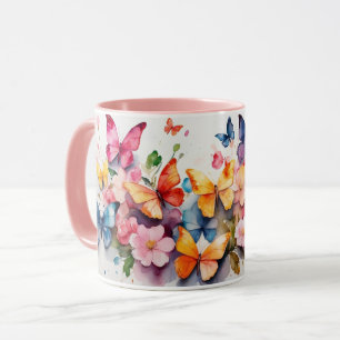 Vattenfärg Cute Rosa Butterfly Flower Mugg