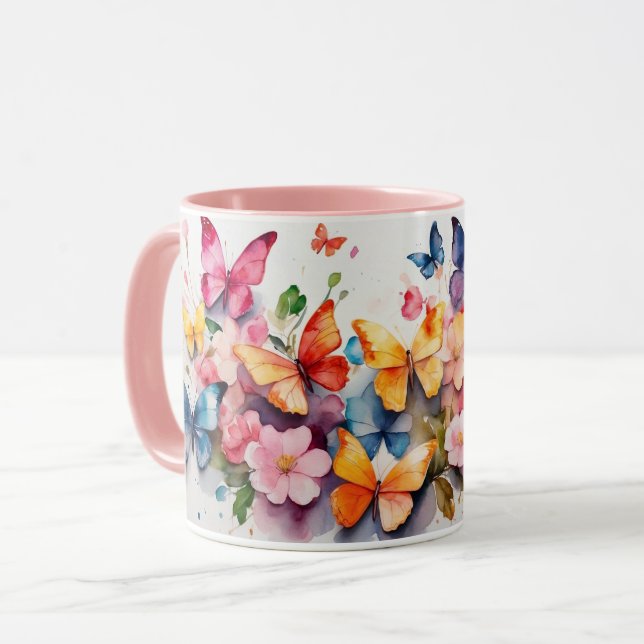 Vattenfärg Cute Rosa Butterfly Flower Mugg (Framsida vänster)