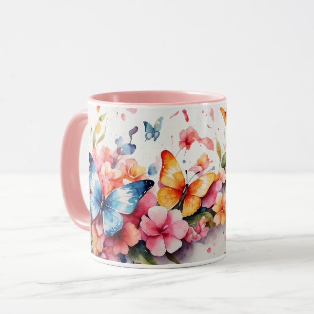 Vattenfärg Cute Rosa Butterfly Flower Mugg (Framsida vänster)