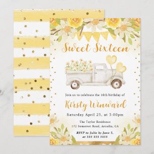 Vattenfärg Daisies Lastbil och blommor Sweet Sixte Inbjudningar