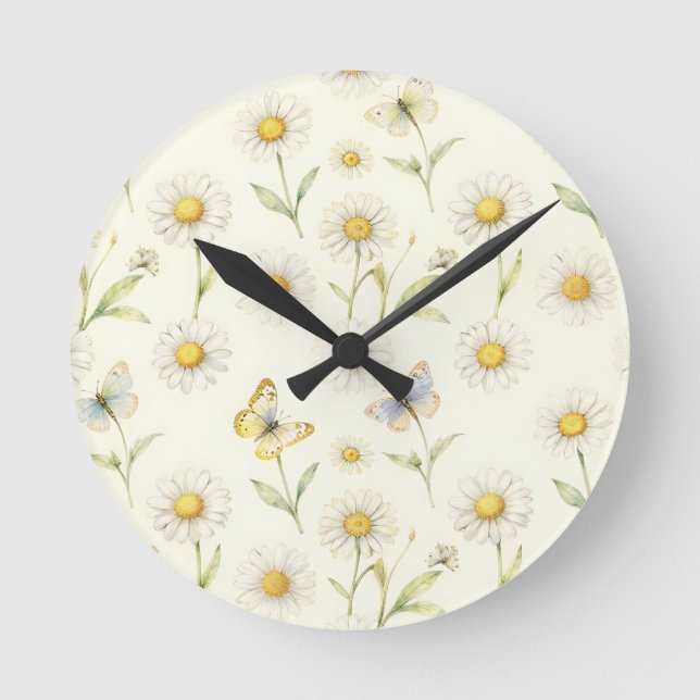 Vattenfärg Daisy och fjärilsängmönster Rund Klocka (Framsida)