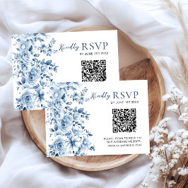 Vattenfärg Dammig Blå Blommig Bröllop RSVP QR-kod OSA Kort