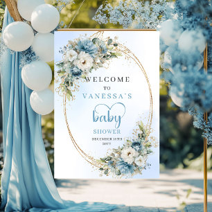 Vattenfärg Dammig Blå Blommor Guld Bebis Badrum  Poster