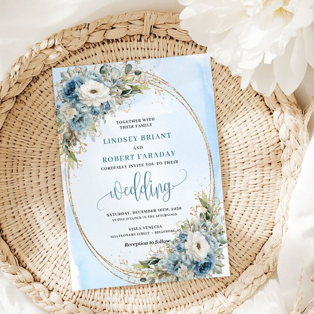 Vattenfärg dammig blå blommor guld bröllopsinbjuda inbjudningar (Watercolor Dusty Blue Flowers Gold Wedding Invitation)