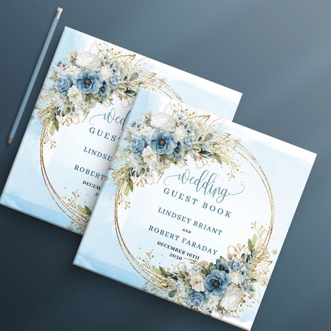 Vattenfärg dammig blå blommor guld gästbok (Watercolor Dusty Blue Flowers Gold Guest Book)