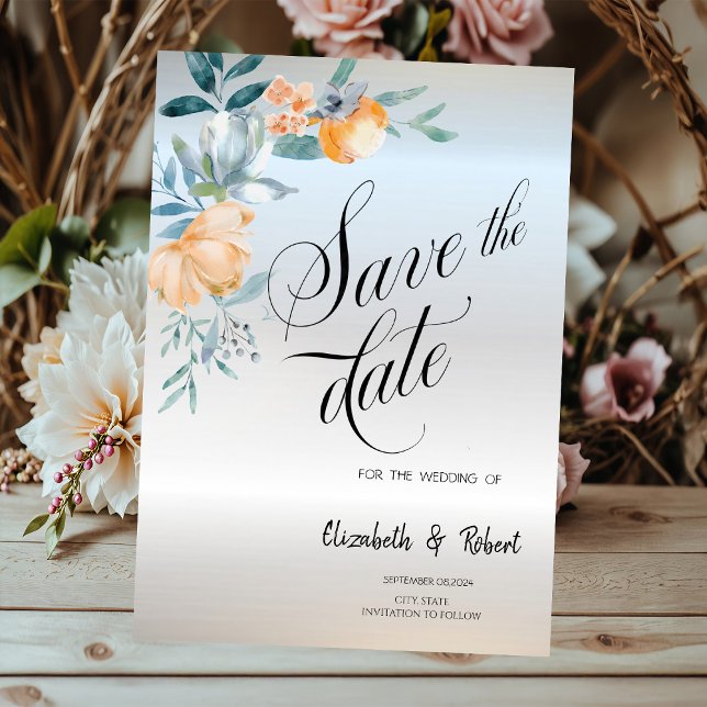 Vattenfärg dammiga blå blommor silver Save The Dat Spara Datumet (Skapare uppladdad)