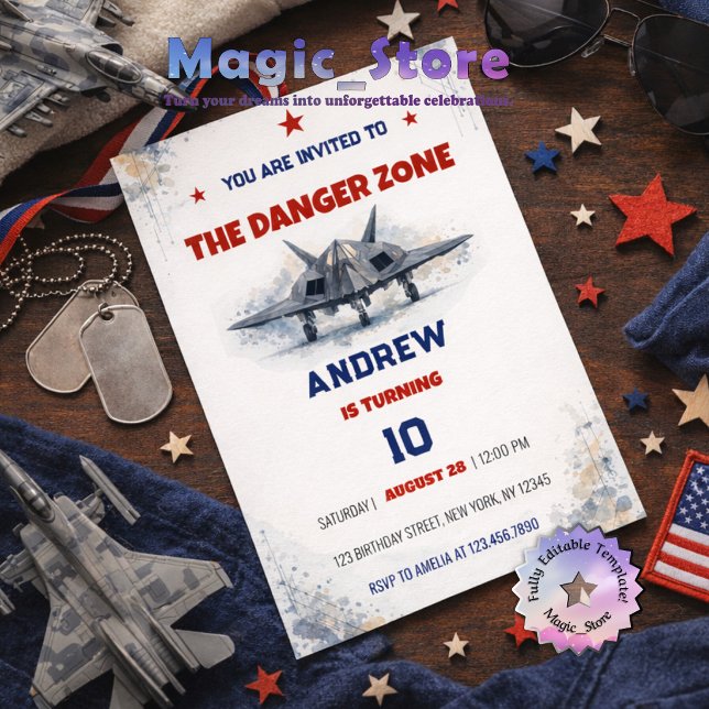 Vattenfärg Danger Zone F117 Jet Fighter Födelsedag Inbjudningar (Skapare uppladdad)
