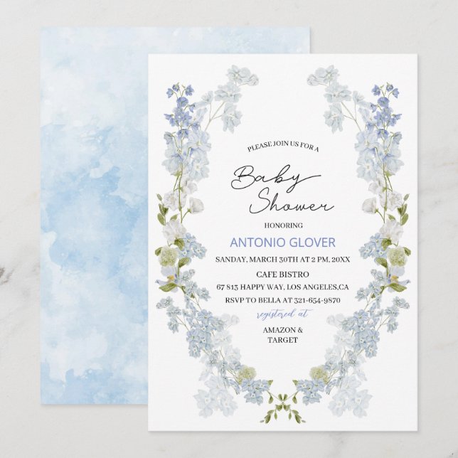 Vattenfärg Delphinium blåa blommor baby Shower Inbjudningar (Fram/baksida)