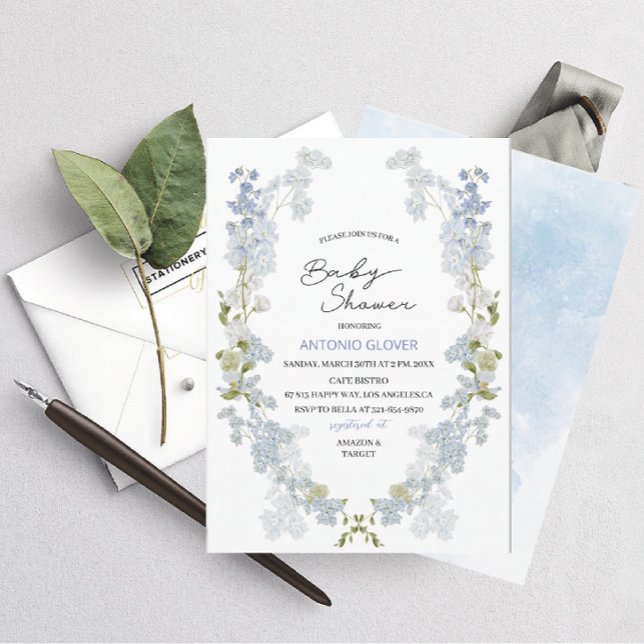 Vattenfärg Delphinium blåa blommor baby Shower Inbjudningar (Skapare uppladdad)