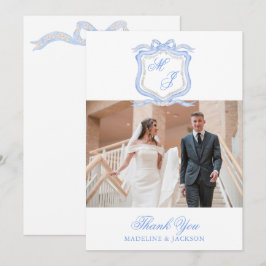 Vattenfärg Designer Blå Monogram Foto Tack Kort