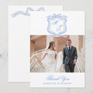 Vattenfärg Designer Blå Monogram Foto Tack Kort