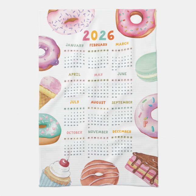 Vattenfärg Dessert Donut 2026 Kalender Kökshandduk (Vertikal)