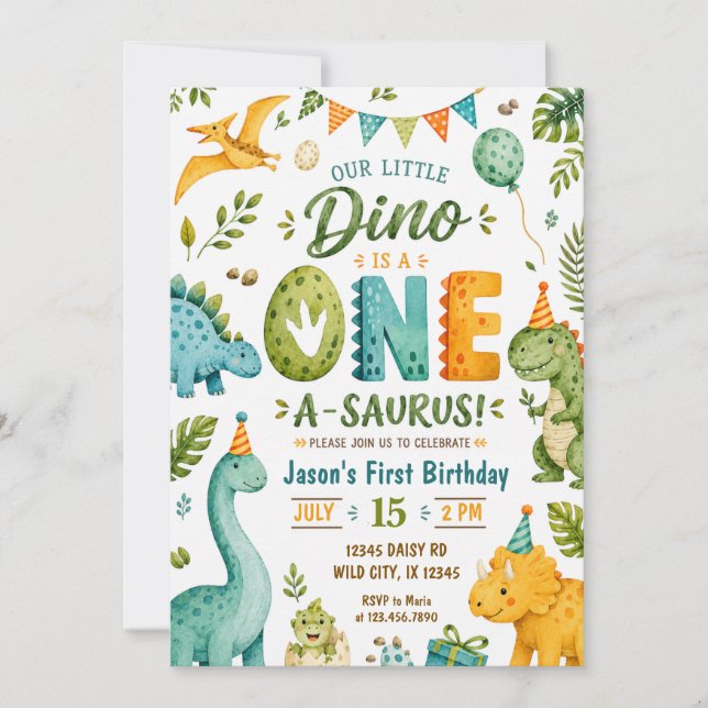 Vattenfärg Dinosaurie 1-årsfest Inbjudningar (Framsida)