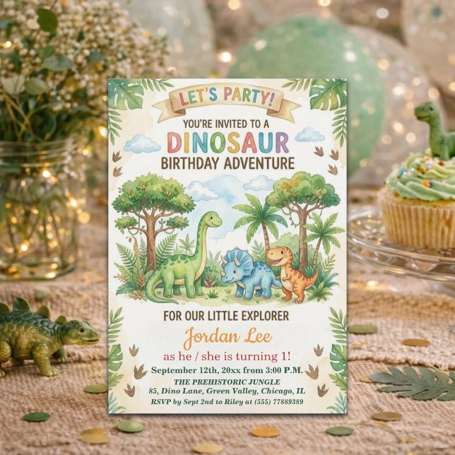 Vattenfärg Dinosaurier Djungel 1-års födelsedagsfe Inbjudningar (Skapare uppladdad)
